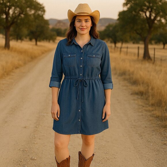 Serra Blue Chambray Button Front Long Roll Tab Sleeve Tie Waist Dress Womens XL - Picture 1 of 12